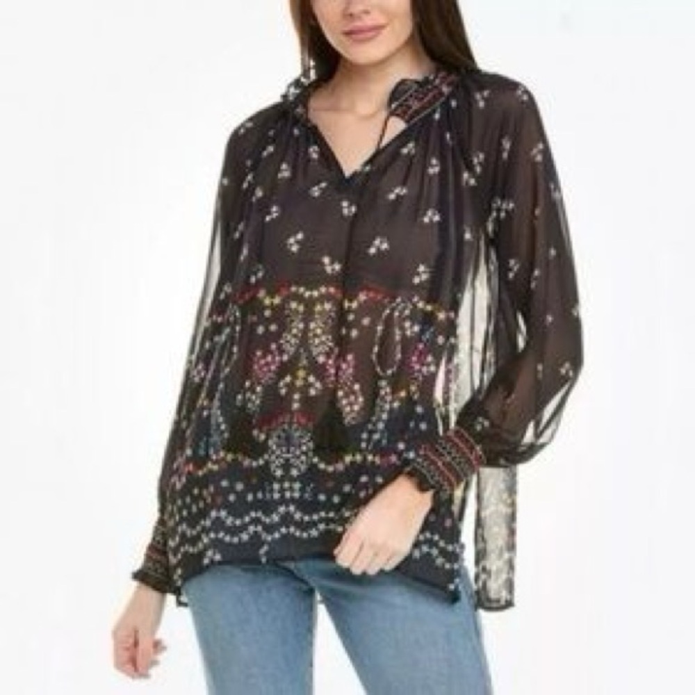 CAbi Blooming Balloon Sleeve floral embroidered tunic blouse M